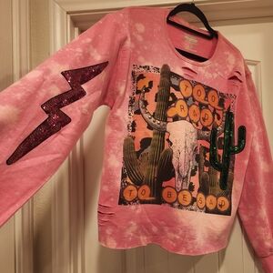 Western Cowgirl Small  Sweatshirt Pink Graphic Sweatshirt with Cactus Graphic